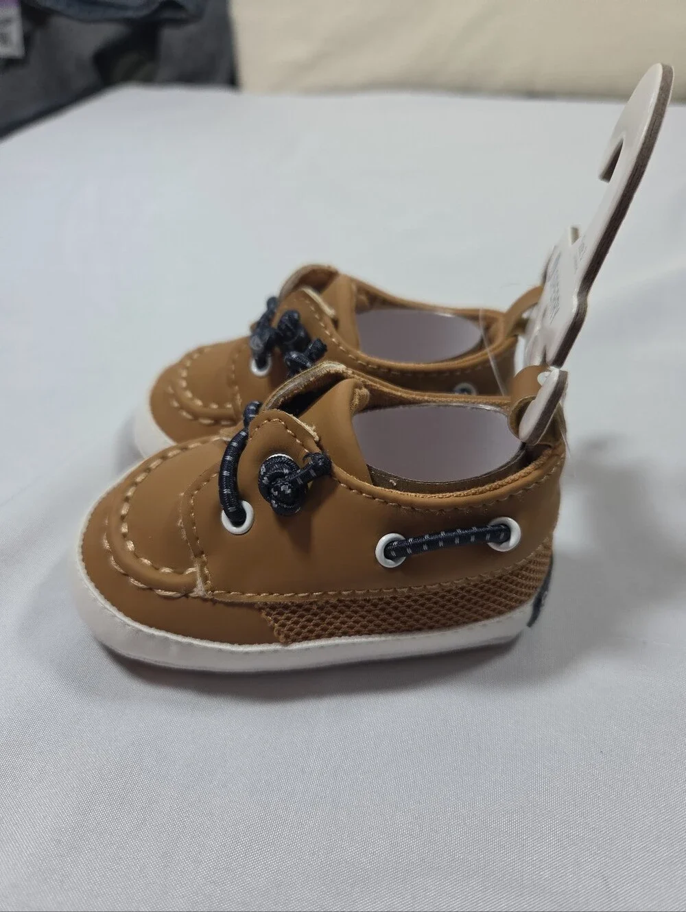 NWT SPERRY Top Sider Infant Size 3 Boat Shoe Lace-Up Tan W/Navy Laces